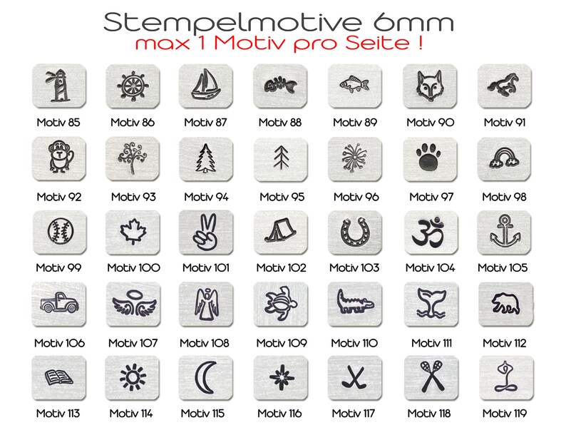 May include: A collection of 35 metal stamps with various designs, including a lighthouse, sailboat, and peace sign. Each stamp is on a square background with the text "Motiv" and a number. The text "Stempelmotive 6mm max 1 Motiv pro Seite!" is at the top.