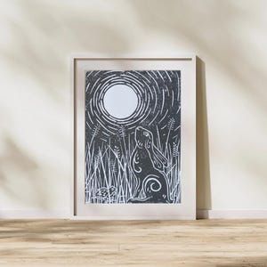Hand-printed Moon Gazing Hare Lino Print, Black and White, Unique Original Artwork, Rural Animal Print, Wildlife Art