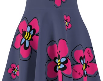 Skater Skirt, Bumblebee and Flower Design, Women&#39;s Fashion Apparel, Cute Floral Print A-Line Skirt, Summer Wardrobe Essential, Autism Artist
