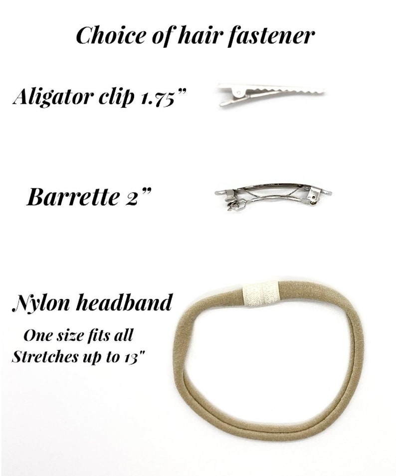 Pode incluir: Escolha de prendedor de cabelo: grampo de jacar&eacute; (1,75 polegadas), barrete (2 polegadas) ou faixa de cabe&ccedil;a de nylon (estica at&eacute; 13 polegadas).
