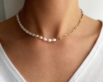 collier moitié/moitié fait main "Joséphine" avec de vraies perles d'eau douce et collier en acier inoxydable/perle plaqué or