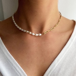 handmade half/half necklace "Josephine" with real freshwater pearls and gold-plated stainless steel/pearl necklace