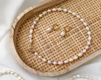Pastel Rainbow Freshwater Pearl Choker / Freshwater Pearl Necklaces / Glass Pearl Pastel Choker, Rainbow Necklace / Gift Idea