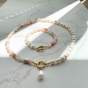 Half and half chain pearl choker "Feline" / freshwater opal gemstone pearl necklace with toggle / gift idea for women / wedding chain