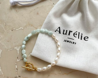 Half and Half Freshwater Pearl Larimar Bracelet / Freshwater Pearl Bracelet with toggle clasp