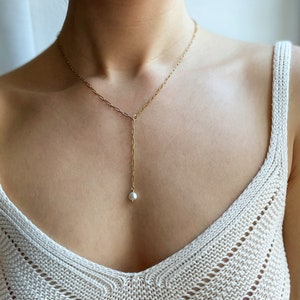Golden Y-Necklace with Pearl, Delicate Link Necklace, Layering Necklace, Narrow Paper Clip Necklace, Gift for You