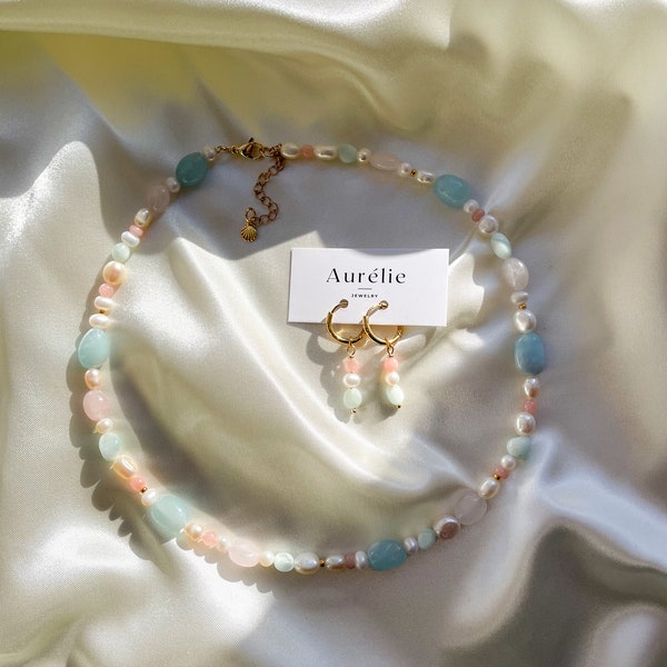 Kleurrijke parel choker / zoetwater opaal jade rozenkwarts edelsteen parel ketting / cadeau idee vrouw / bruiloft ketting