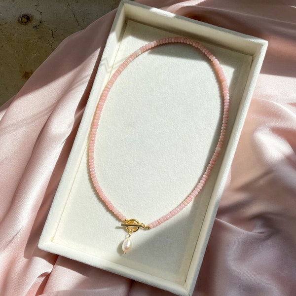 Perlenkette „Nika“ / Süßwasser Opal Edelstein Perlenkette mit Toggle / Geschenkidee Frau / Kette Hochzeit