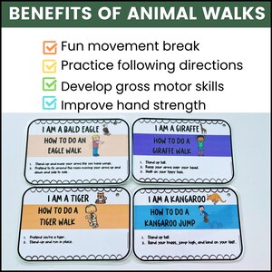 May include: Four colorful cards with animal illustrations and instructions on how to do an animal walk. The cards are titled "I am a Bald Eagle", "I am a Giraffe", "I am a Tiger", and "I am a Kangaroo".