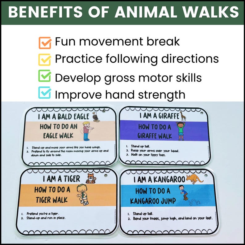 May include: Four colorful cards with animal illustrations and instructions on how to do an animal walk. The cards are titled "I am a Bald Eagle", "I am a Giraffe", "I am a Tiger", and "I am a Kangaroo".