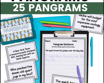 May include: A set of 25 printable pangram sentence worksheets for handwriting practice. The worksheets feature the sentence "The quick brown fox jumps over the lazy dog." and a space for students to copy the sentence neatly.