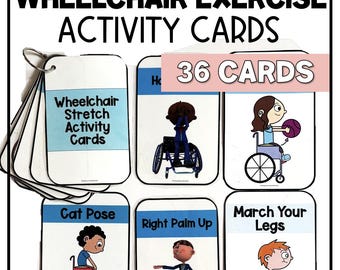 Puede incluir: Un conjunto de 36 tarjetas de ejercicios para usuarios de sillas de ruedas. Las tarjetas presentan ilustraciones de varios ejercicios, incluyendo estiramientos, elevaciones de brazos y movimientos de piernas. Las tarjetas se sujetan con un anillo metálico.