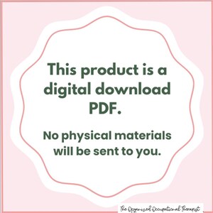 May include: Pink and white graphic with a rounded, starburst shape. The text reads: "This product is a digital download PDF. No physical materials will be sent to you."