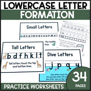 May include: Educational worksheets for lowercase letter formation. The image shows pages with examples of small, tall, and dive letters. The worksheets include tracing exercises and activities to help children learn to write letters. The text on the image says "34 pages".