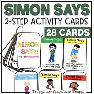Könnte beinhalten: Ein Satz von "Simon Says" 2-Schritt-Aktivitätskarten. Die Karten sind weiß mit farbigem Text und Illustrationen. Der Titel "Simon Says" steht in großen grünen Buchstaben oben. Die Karten werden von einem Metallring zusammengehalten.