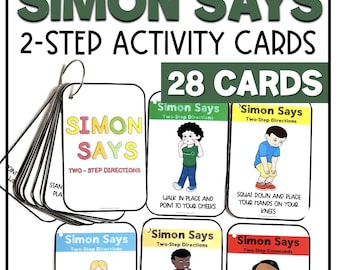 Op de afbeelding: Een set "Simon Says" 2-staps activiteitskaarten. De kaarten zijn wit met kleurrijke tekst en illustraties. De titel "Simon Says" staat in grote groene letters bovenaan. De kaarten worden bij elkaar gehouden door een metalen ring.