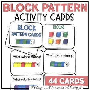 May include: Educational activity cards for block pattern recognition. The cards feature colorful block patterns and questions like "What color is missing?" The set includes 44 cards, with the text "BLOCK PATTERN ACTIVITY CARDS" at the top.