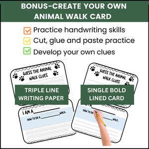 May include: Two printable animal walk cards. The first card has triple lines for writing and the second card has single bold lines. Both cards have paw prints and the text "Guess the animal walk clues".
