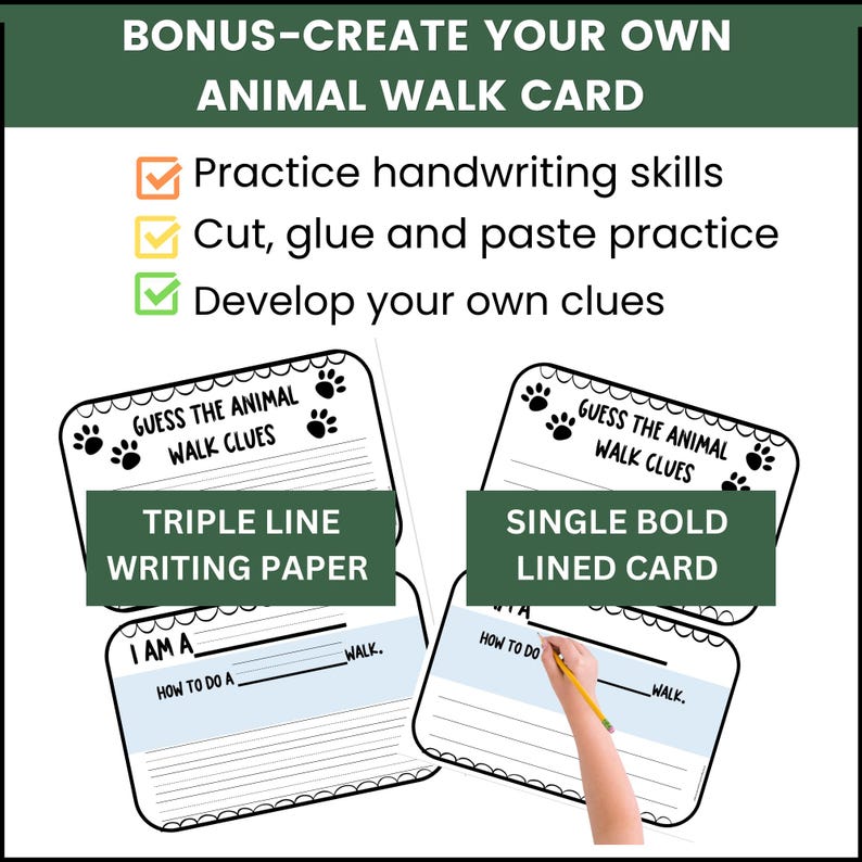 May include: Two printable animal walk cards. The first card has triple lines for writing and the second card has single bold lines. Both cards have paw prints and the text "Guess the animal walk clues".