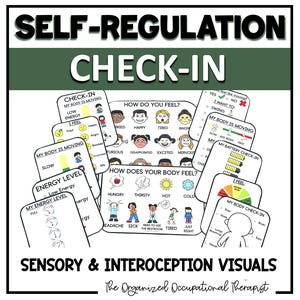 Puede incluir: Un conjunto de ayudas visuales imprimibles coloridas para autoevaluaciones de regulación. Las imágenes incluyen diferentes emociones, sensaciones corporales y niveles de energía. El texto "Sensory & Interoception Visuals" y "The Organized Occupational Therapist" está incluido.
