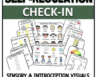May include: A set of colorful printable visual aids for self-regulation check-ins. The visuals include different emotions, body sensations, and energy levels. The text "Sensory & Interoception Visuals" and "The Organized Occupational Therapist" is included.