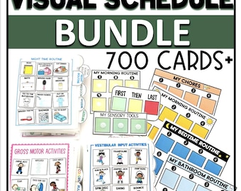 May include: A set of 700+ visual schedule cards for children. The cards are colorfully illustrated and feature various activities, routines, and sensory tools. The cards are organized into categories such as "My Morning Routine", "My Chores", "My Bedtime Routine", and "Gross Motor Activities".