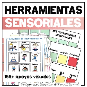 Può includere: Un grafico educativo colorato con il titolo "HERRAMIENTAS SENSORIALES" e il testo "155+ apoyos visuales". Il grafico include illustrazioni di attività e una sezione intitolata "MIS HERRAMIENTAS SENSORIALES".