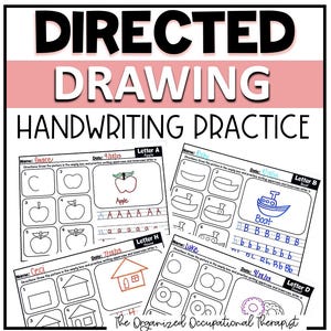 Puede incluir: Hojas de trabajo educativas para practicar la escritura. La imagen muestra las palabras "DIRECTED DRAWING HANDWRITING PRACTICE". Las hojas de trabajo tienen indicaciones de dibujo y espacio para escribir letras mayúsculas y minúsculas. Las hojas de trabajo incluyen dibujos de una manzana, un barco, una casa y una rosquilla.