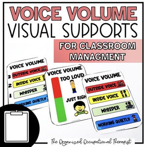 Puede incluir: Apoyos visuales educativos para la gestión del volumen de voz en el aula. La imagen presenta tres tarjetas con texto e ilustraciones que indican los niveles de voz: voz exterior, voz interior, susurro y trabajando en silencio. Diseñado para uso en el aula.