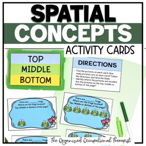 May include: Educational activity cards titled SPATIAL CONCEPTS ACTIVITY CARDS with a green header. The cards feature text and illustrations of frogs, with directions for identifying positions like top, middle, and bottom on a page.