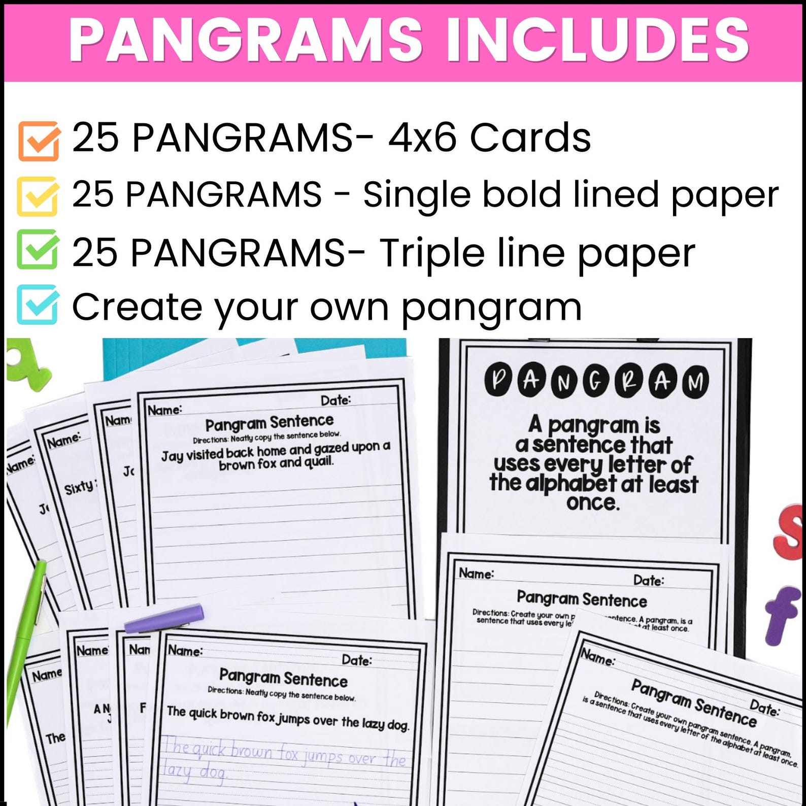 Panagram Riddles Handwriting Practice Worksheets Pangram Writing - Etsy
