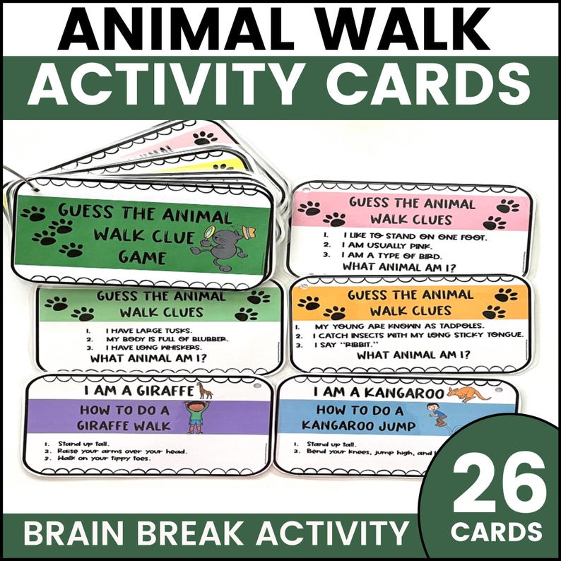 May include: A set of 26 colorful cards with animal walk clues and instructions for a brain break activity. The cards feature illustrations of a giraffe, kangaroo, elephant, frog, and other animals.