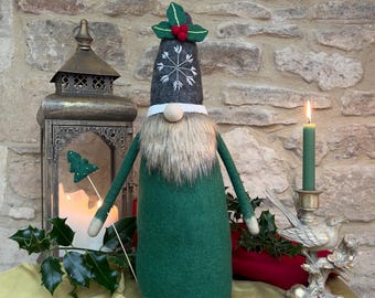 Handcrafted Felted Wool Christmas Gnome with Hand Sewn and Appliquéd Decorations - Green Large