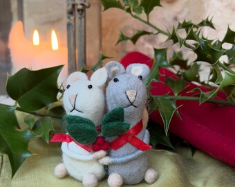 Handcrafted Felted Wool 'Christmas' Mice Couple with Holly Decoration