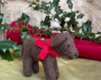Handcrafted Felted Wool Brown Dog wearing a Red Scarf