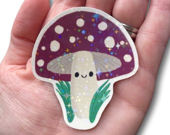 Cute Kawaii Mushroom Holographic Sticker! Happy Mushy Cottagecore sticker for journal, laptop sticker, water resistant durable sticker