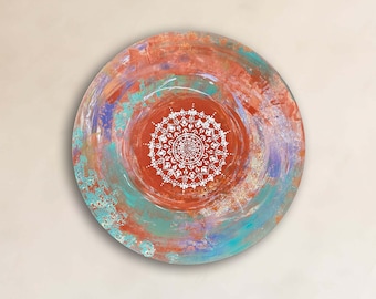 Mandala picture | Planet picture round | Ochre turquoise purple white | 75 x 75 cm