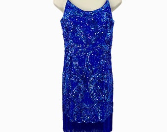 Vintage LILLIE RUBIN Blue Sequin Beaded Fringe Flapper COCKTAIL Dress - M