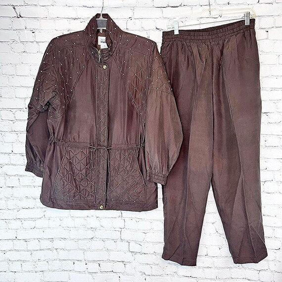 VINTAGE SHERI SPORT Brown Silk Gold Bead Drawsting Waist Track Suit - M