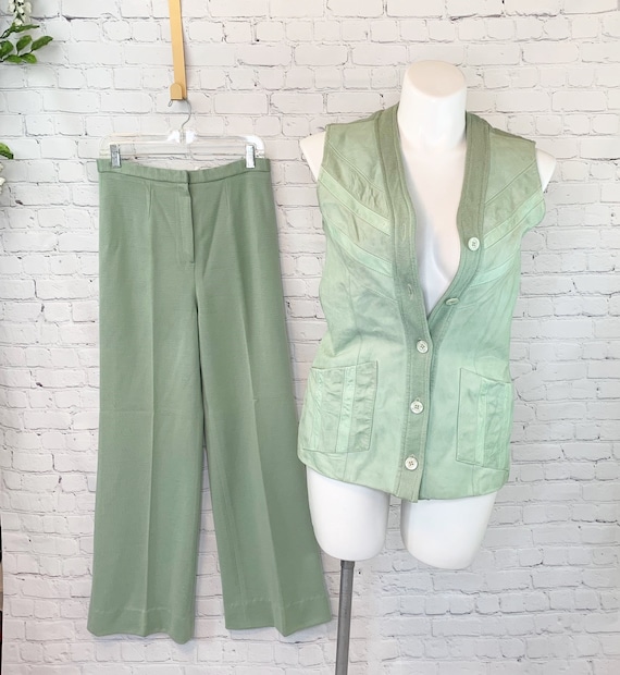 Vintage PALENA Pale Lime Green Leather Suede Vest… - image 1