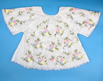 Vtg Off White Floral EMBROIDERED Scalloped Edge Bell Sleeve BOHO HIPPIE Top