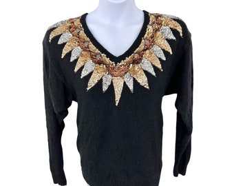 Vintage Nilani Black Silk ANGORA Silver Gold Copper SEQUIN BEADED Sweater - M
