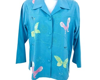 Vtg Teal Blue Carina Blue Silk Jacket w/ Tie DYE EMBROIDERED BUTTERFLIES & Floral