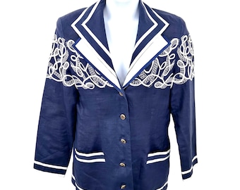 Vintage BELLDINI Navy Blue White Oversized NAUTICAL BLAZER Jacket - 14