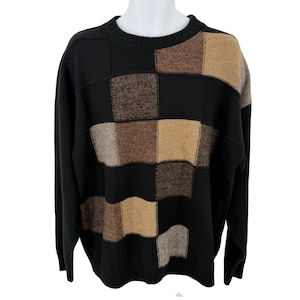 Vintage PROTEGE PATCHWORK Knit Sweater Black & Neutral Tones - XL
