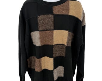 Vintage PROTEGE PATCHWORK Knit Sweater Black & Neutral Tones - XL