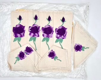 Vintage 8 Pc. LUNCHEON PURPLE PANSEY Stitched Flower Placemat Napkin Set