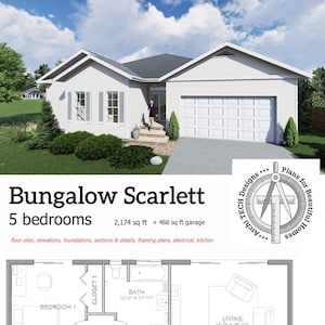 Ranch House Plans, Bungalow with Garage, PDF Download