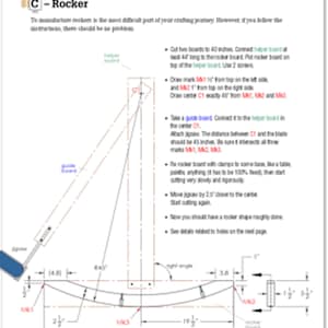 Pu&ograve; includere: Diagramma che mostra come creare una sedia a dondolo. Il diagramma mostra le misure per la tavola della sedia a dondolo, la tavola di supporto e la tavola guida. Il diagramma mostra anche il posizionamento dei segni per la tavola della sedia a dondolo.