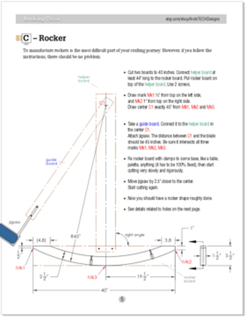 Pu&ograve; includere: Diagramma che mostra come creare una sedia a dondolo. Il diagramma mostra le misure per la tavola della sedia a dondolo, la tavola di supporto e la tavola guida. Il diagramma mostra anche il posizionamento dei segni per la tavola della sedia a dondolo.